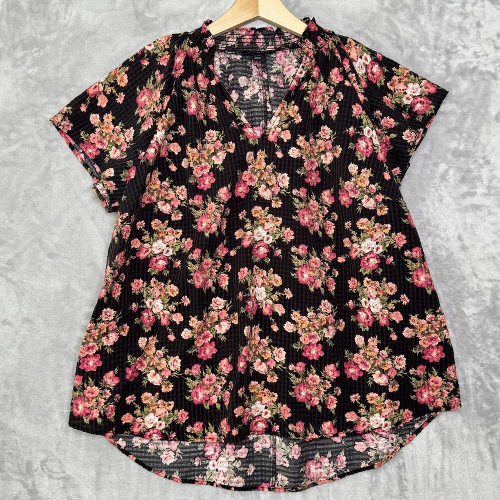 Lane Bryant Shirt Womens 14/16 Black Floral V Neck Short Sleeve Lightweight Top